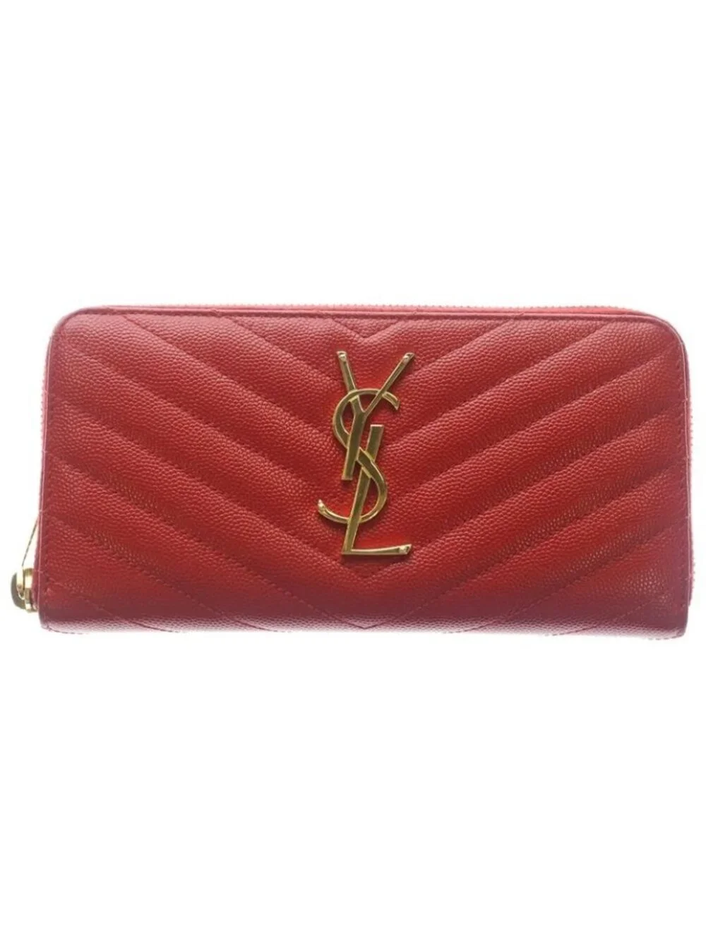 Saint Laurent Yves Cassandra Zip Around Wallet Card Case Red Leather Gold - Picture 1 of 6